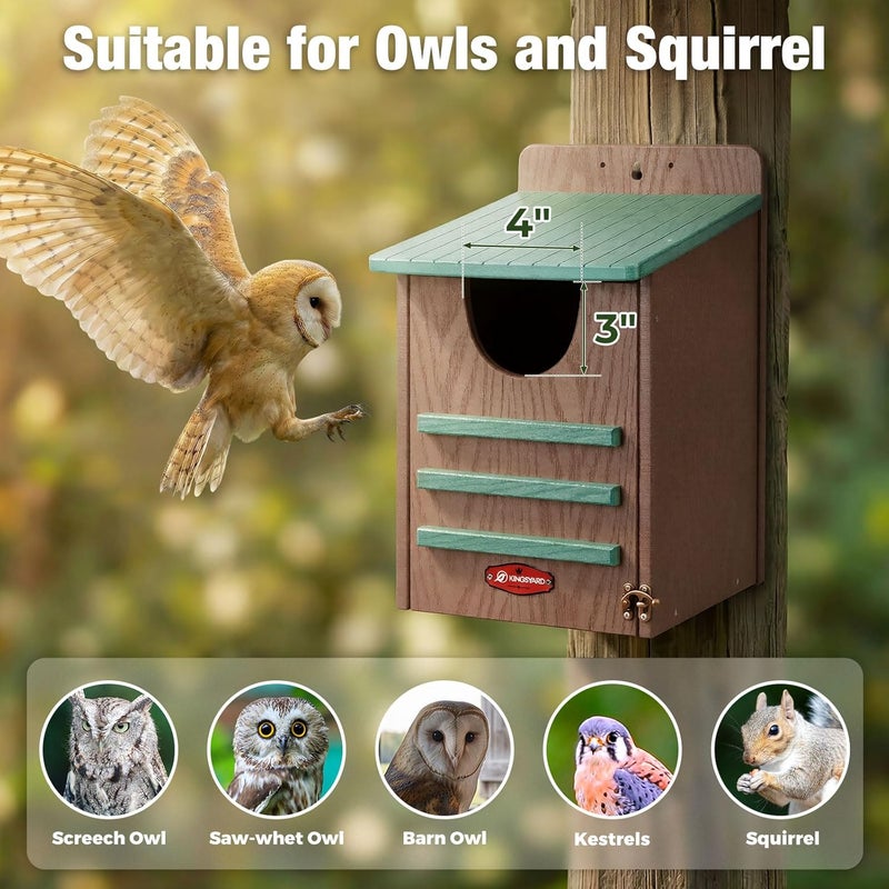 Kingsyard Large Recycled Plastic Wooden Owl House, Waterproof Screech Owl Bird Boxes for Outside, Owl Nesting Box Kit with Screws Ideal for Wildlife, Elf, Pygmy, Garden, Air Ventilation. Green - Image 3